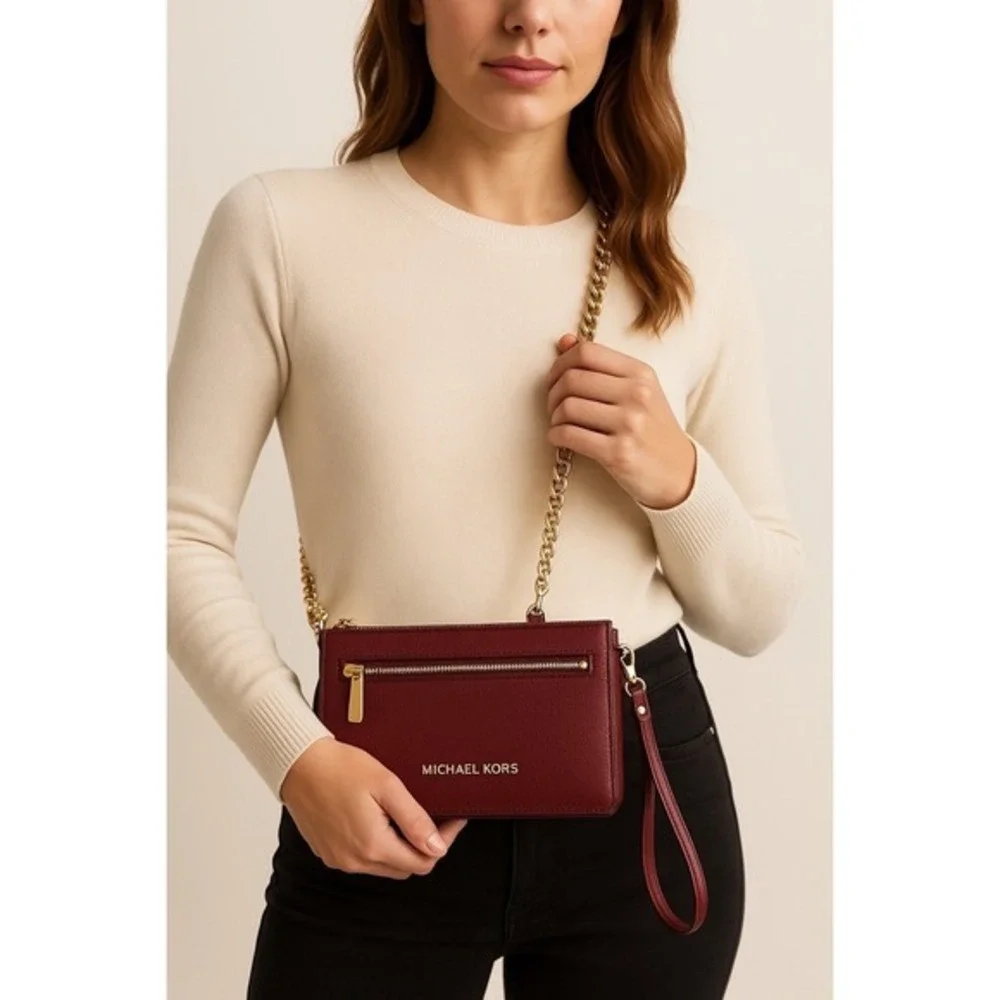 Michael Kors Jet Set Travel Saffiano Leather‎ Crossbody Wallet Red Gold  37-08